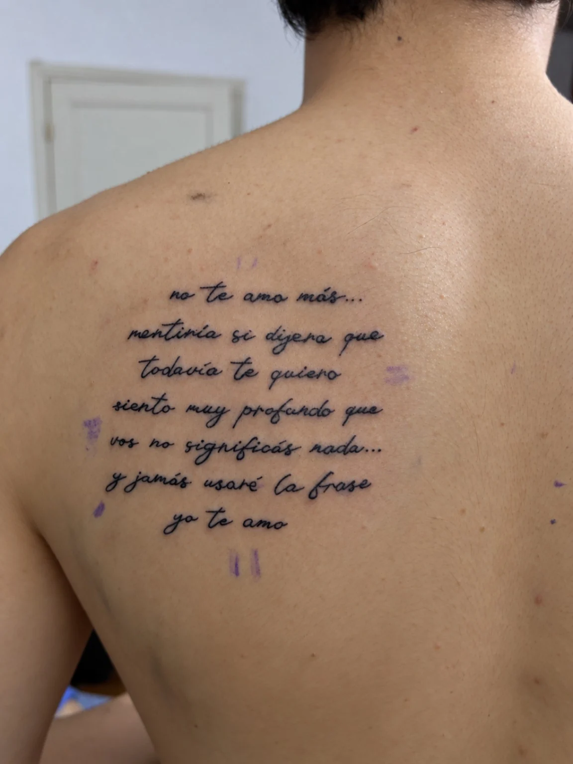 Varias líneas manuscritas en tinta negra en la parte alta de la espalda.