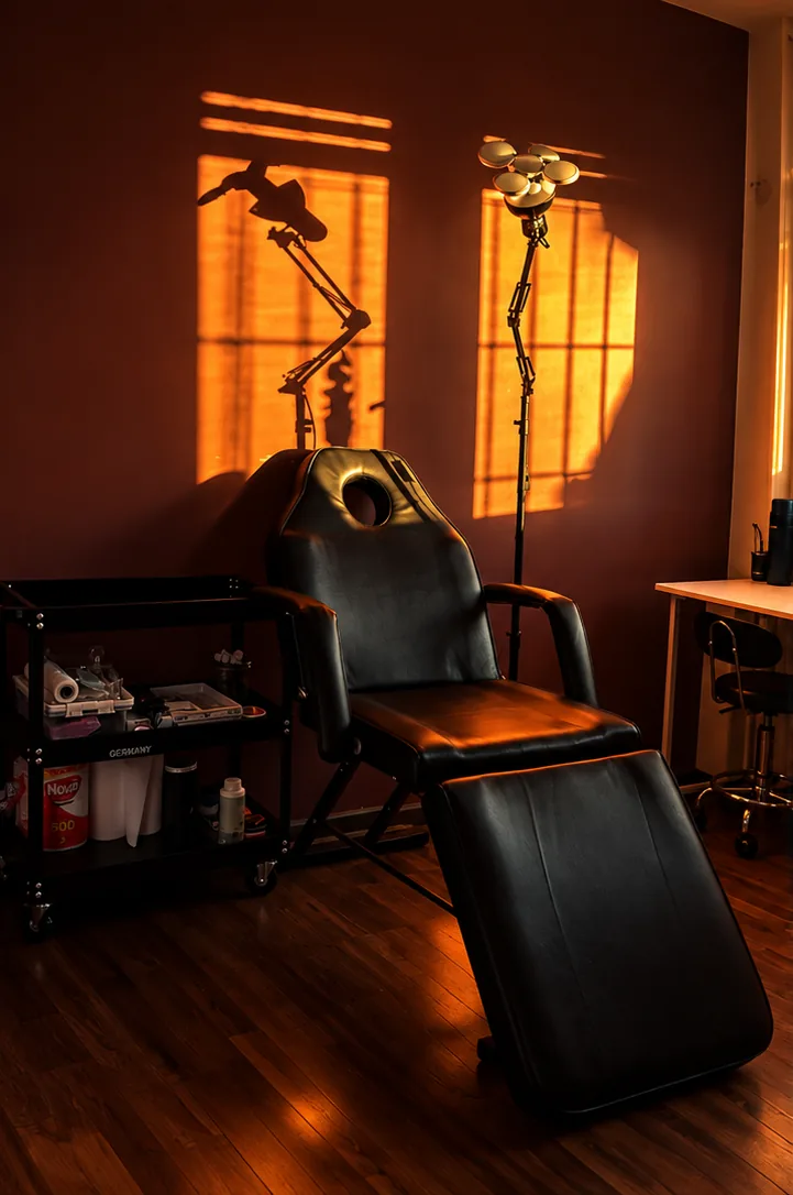 El estudio de NATTOO.INK: camilla de tatuaje negra, carro de insumos y luz cálida de atardecer sobre la pared.
